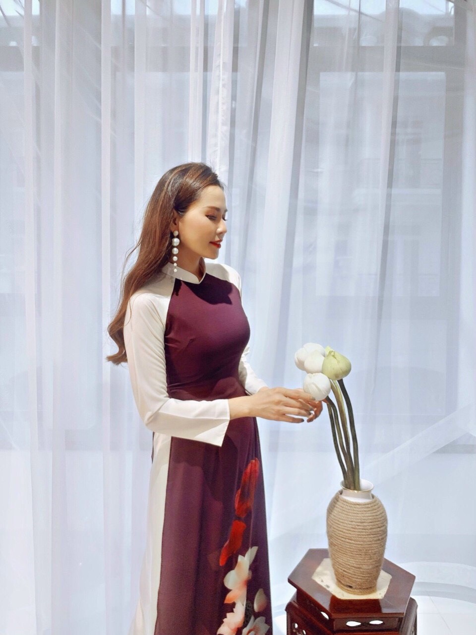 Set  Áo Dài Truyền Thống Hoạt Tiết Bông Sen - AL64